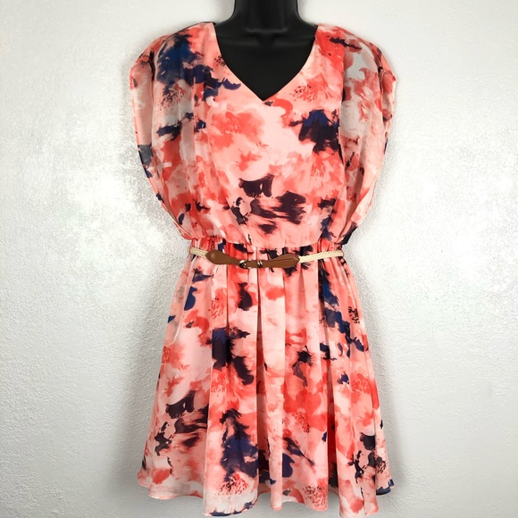 Iz Byer Dresses & Skirts - IZ BYER coral floral splatter dress rope belt Sz M